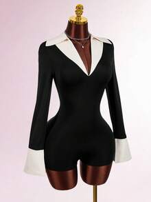 Amplova Y2K Women's Contrast Color Block Flare Sleeve Romper Holiday Outfits For Women Wedding Guest Dress For Women  Party Dress Beach Dress Carnival Valentine Outfits For Women Summer Spring Outfit Women One Piece Romper Bodysuits For Women Romper Black Romper Women Rompers For Women Sexy Comfortable, High-Elastic, Form-Fitting Yoga Fabric; Slim Waist; Deep V-Neck; Faux Two-Piece Design; Fold-Over Collar; Striped; Sexy Preppy Style; Sexy Mini Bodysuit. - Black and White - View 5