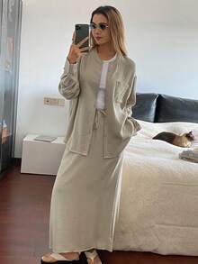 DAZY 女士日常时尚单排扣衬衫和半裙两件套 - 杏色 - 查看 4