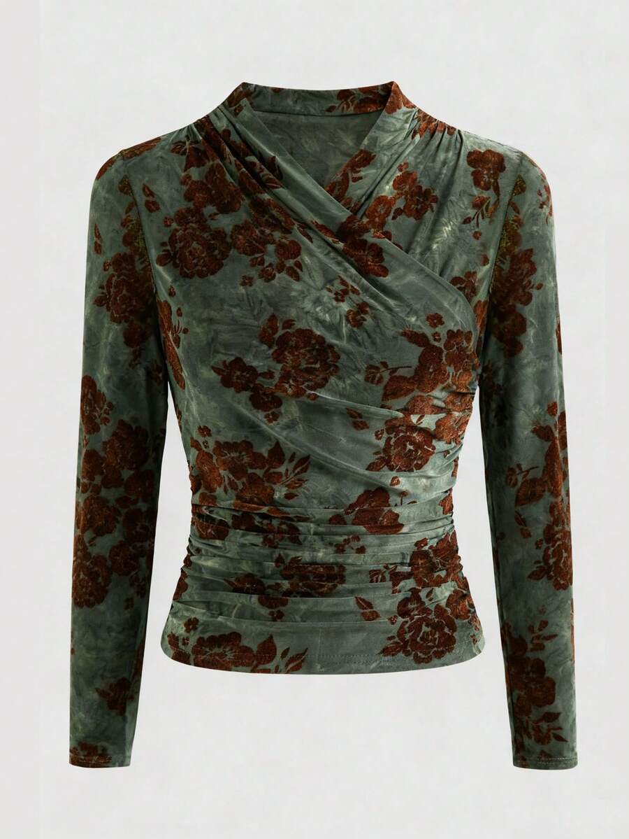 Elenzga Women's V-Neck Floral Print Casual Long Sleeve Blouse, Fashionable & Minimalist, Suitable For Autumn/Winter, Everyday, Home, Office, Date - Green - View 1