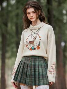 ROMWE Fairycore Women's Cottagecore Deer Embroidered Drop Shoulder Crew Neck Long Sleeve Sweater, Autumn/Winter - Apricot - View 3