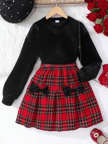 Sparklyn Girls Solid Velvet Long Sleeve Top + Red & Black Plaid Bow Decor Pleated Skirt Retro Sweet 2-Piece Skirt Set - Black - View 3