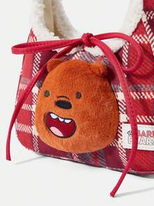 We Bare Bears X SHEIN 1个红色格子印花时尚便携式毛绒拼接大容量手提包 - 紅色 - 查看 10