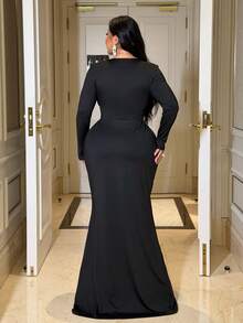 NU&NOW 大码女士性感深V领茧型下摆收腰连衣裙，优雅连衣裙，适合女士度假穿着 - 黑色 - 查看 6