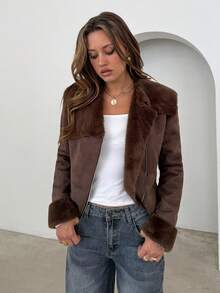 Aloruh Women's Faux Fur Collar Zip-Up Jacket, New Autumn/Winter Design - Coffee Brown - View 5