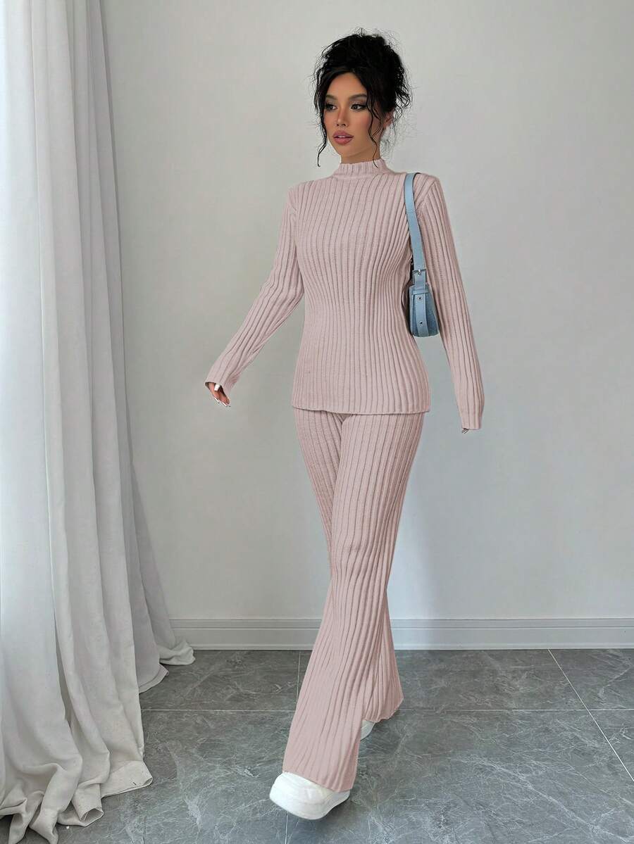 SHEIN PETITE 女款灰粉色秋季兩件式針織毛衣套裝,休閒居家優雅專業辦公通勤穿搭,百搭斯德哥爾摩風外出上衣,適合嬌小女性 - 淺粉色 - 查看 1