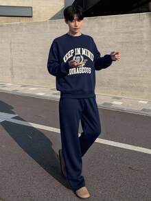 DAZY Men's Letter Print Thermal Lined Crew Neck Sweatshirt Set, Navy Blue, Autumn/Winter