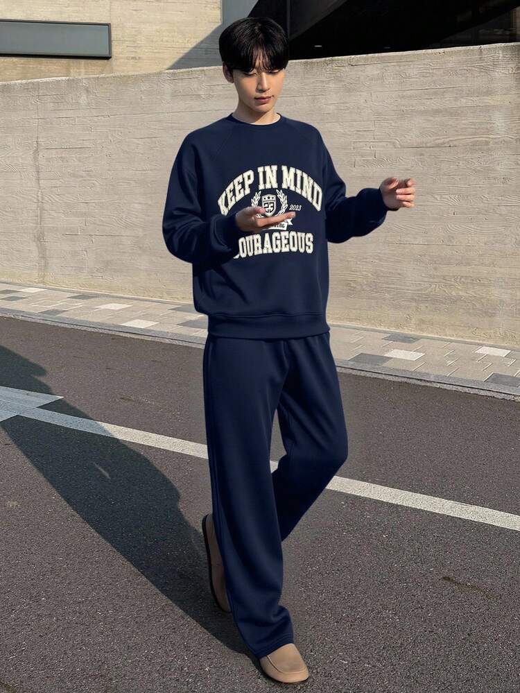 Men's Letter Print Thermal Lined Crew Neck Sweatshirt Set, Navy Blue, Autumn/Winter