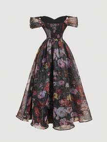 SHEIN MOD 女士复古印花露肩连衣裙，派对礼服，度假装，西式女装，复古碎花连衣裙，情人节，复古女装，春季服装，生日装，哥特风连衣裙