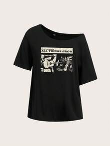 Muchica 音乐节休闲乐队图案印花黑色宽松落肩女式轻薄T恤，适合夏季穿着 - 黑色 - 查看 4