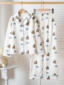 Conjunto de pijama de manga larga con lunares y diseño de oso lindo para niñas