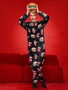 Men's Autumn/Winter Plush Funny Soda, Fries, Burger Print Fluffy Lounge Jumpsuit - Multicolor - View 5