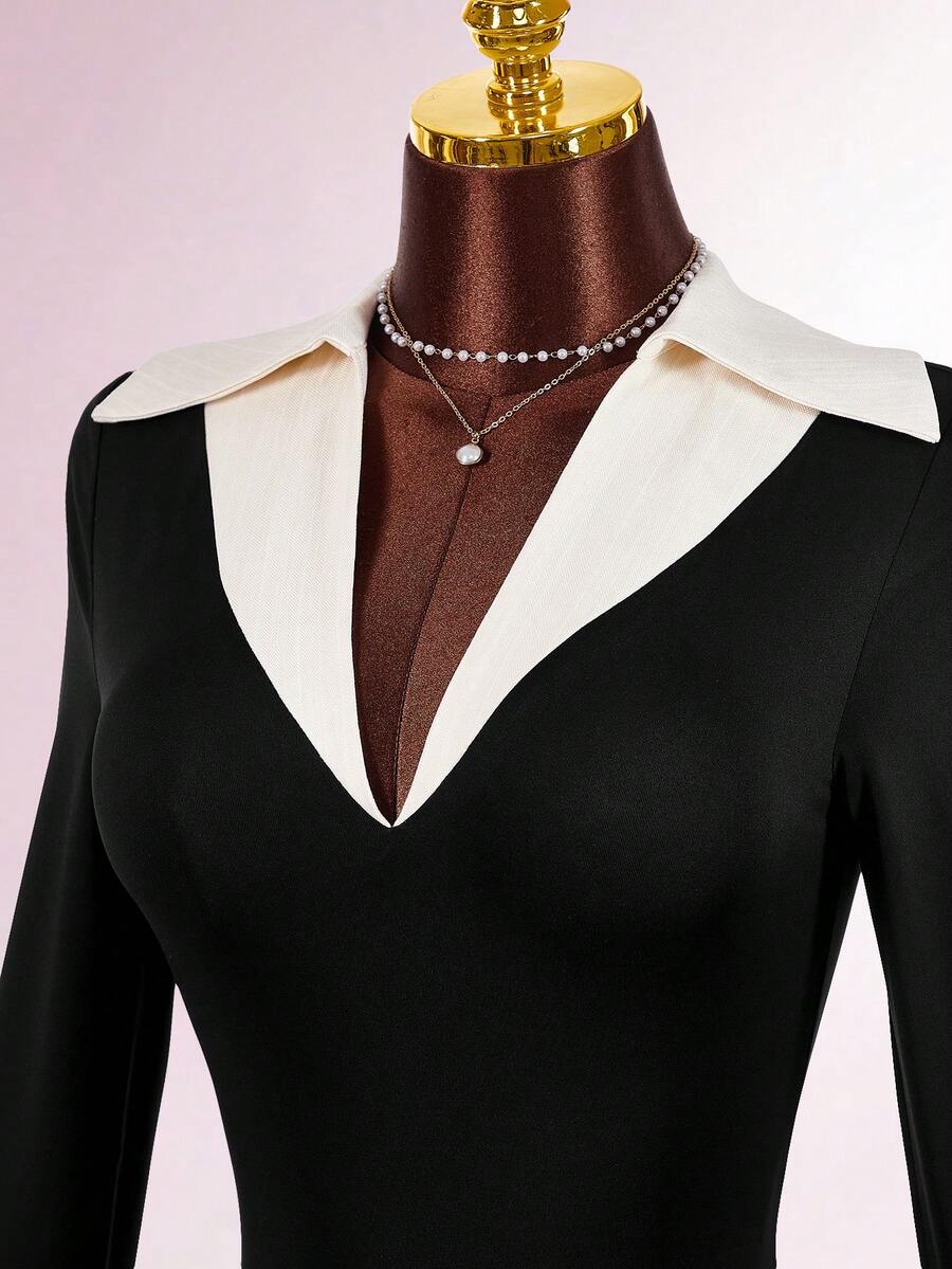 Amplova Y2K Women's Contrast Color Block Flare Sleeve Romper Holiday Outfits For Women Wedding Guest Dress For Women  Party Dress Beach Dress Carnival Valentine Outfits For Women Summer Spring Outfit Women One Piece Romper Bodysuits For Women Romper Black Romper Women Rompers For Women Sexy Comfortable, High-Elastic, Form-Fitting Yoga Fabric; Slim Waist; Deep V-Neck; Faux Two-Piece Design; Fold-Over Collar; Striped; Sexy Preppy Style; Sexy Mini Bodysuit. - Black and White - View 1