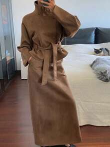 Livesso Women's Wool Blend Stand Collar Jacket, Casual Business Loose Fit Belted Outerwear, Suitable For Office, Street Wear, Autumn/Winter - Brown - View 2
