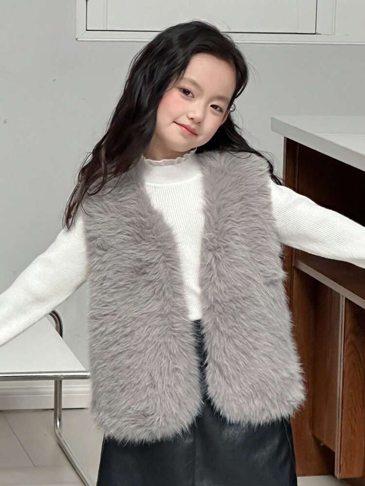 Young Girl Sleeveless Fuzzy Vest, Solid Color, Autumn/Winter