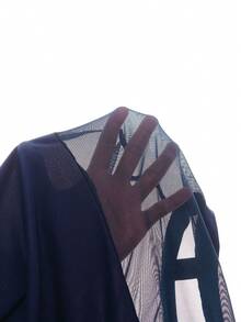 Elenzga Plus Size Women Solid Color Mesh Patchwork Round Neck Short Sleeve Fitted T-Shirt - Navy Blue - View 8