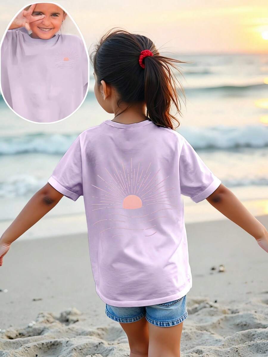 Young Girl Vacation Casual Sun Print Short Sleeve T-Shirt - Mauve Purple - View 1