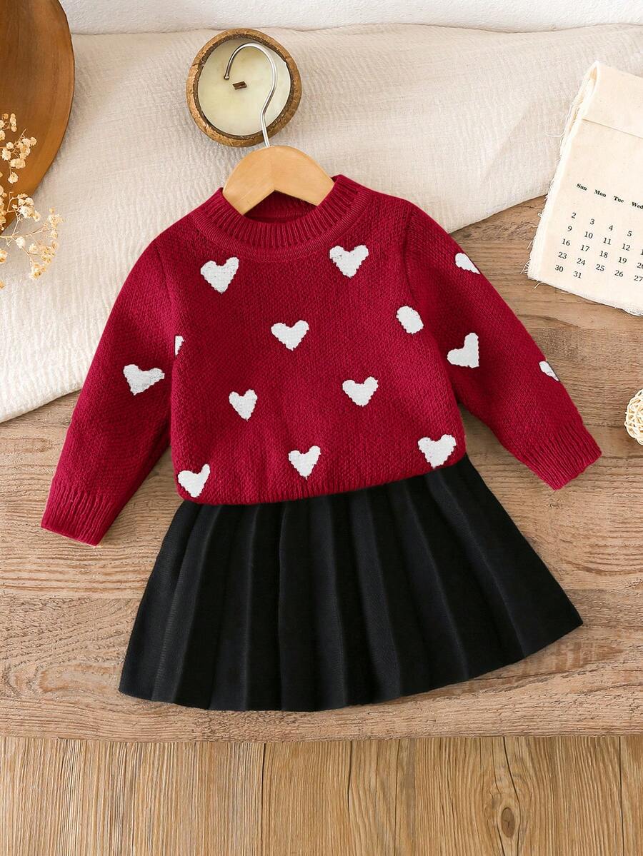 LMoss Kids 2pcs Baby Girl Heart Pattern Sweater And Skirt Set - Red - View 1