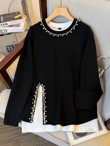 INAWLY Plus Size Women's Solid Color Long Sleeve Beaded Sweatshirts - Black - View 3