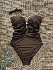 Elavelle Women's Solid Color Deep V Ruched Pearl Decor One-Piece Swimsuit, Spring/Summer - Brown - View 3