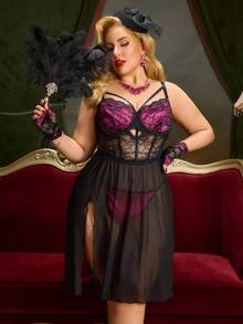 大码女士撞色蕾丝网纱侧开衩吊带睡裙及丁字裤套装 - 黑色 - 查看 4