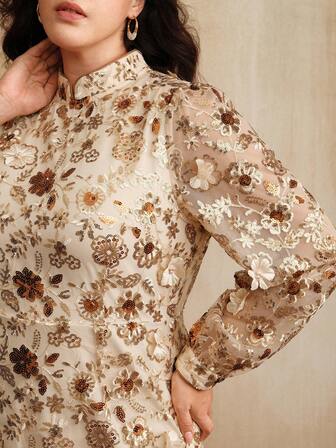 Anewsta Elegante vestido de malla bordada con flores en color champán, con mangas largas brillantes y talla grande, adecuado para fiestas, citas, primavera/verano