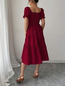 Vestido casual de mujer de unicolor, vestido largo de manga corta con cuello cuadrado en color caqui, vestido holgado de línea A con cintura ceñida para vacaciones - Rojo - Ver 2