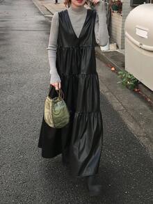 FRIFUL 女士休闲V领系带露背长连衣裙，秋季