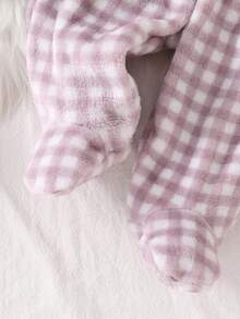 Newborn Baby Pajamas-2 Piece Pajama Set Infant Plush Lavender Pastel Peter Pan Collar Long Sleeve Button Front Top Footed Check Pattern Pants Patch Pocket Winter Autumn Holiday Twenty Twenty Six New Year Warm Cozy Gift - Purple - View 3