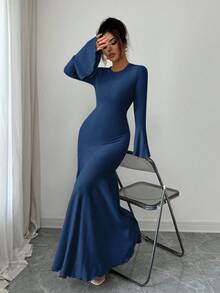 Elenzga Vestido elegante de mujer con volantes en las mangas, ajustado y con bajo de cola de sirena, para otoño/invierno - Azul Marino - Ver 3