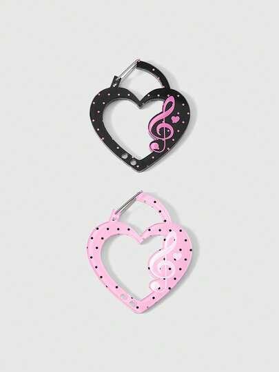 Anime 2 Cute Style Love Shape Pink And Black Contrasting Color Keychains, Y2K Style Music Note Polka Dot Pattern Acrylic Keychain, Designed With Porous Hanging Items, Original High-Quality Clothing Backpack Pendant.