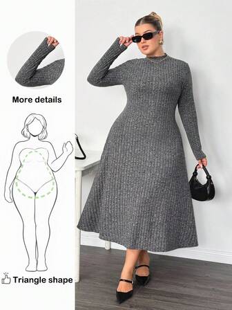 Truni Lacenleopard Plus Size Enfärgad Ribbad Stand Collar Långärmad Klänning, För Päronfärgad Triangelformad Kropp
