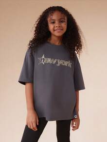 SUMWON New York Set Kaos dan Legging Oversized Motif Leopard untuk Anak Perempuan Usia 10 Tahun, Cocok untuk Liburan Kasual - Dark Grey - View 4