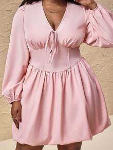 Truni Plus Size Women's Floral Peplum Hem Mini Dress, Long Sleeve Dress/Autumn /Winter - Pink - View 4