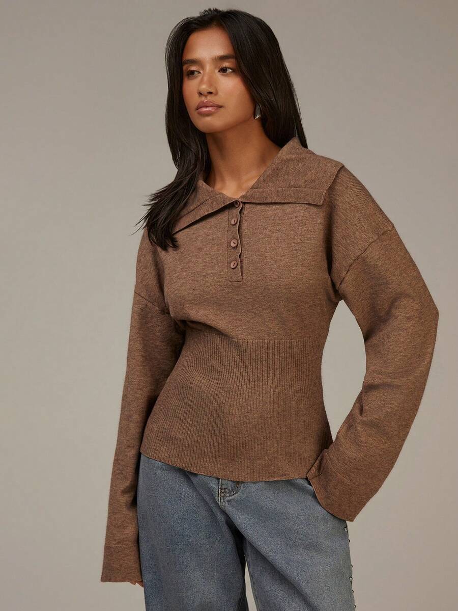 Athîral Women's Casual Brown Knit Sweater, Long Sleeve Polo Collar Button Up Slim Fit Ribbed Pullover Casual Cozy Top,Sweaters For Women - Camel - View 1
