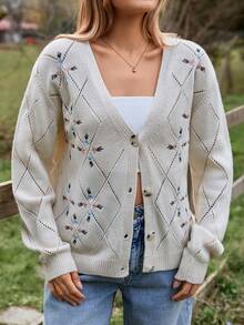 EURMUSE Áo khoác len cardigan Pointelle màu ngà thêu hoa pastel và họa tiết kim cương - Màu be - Xem 6