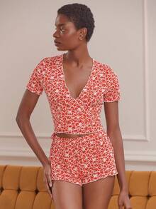 lacRébo 红色碎花针织套装 - 裹身露脐上衣搭配同款短裤，柔软舒适 - 紅色 - 查看 1