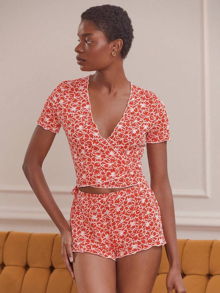 Red Floral Knit Set - Wrap Crop Top With Matching Shorts Soft And Comfy Loungewear Jacquard Sleepwear Set Red Pyjama Set  New Year