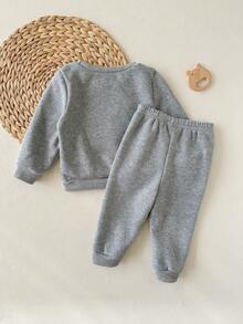 Cozy Pixies 2pcs/Set Baby Boys Cartoon Bear Pattern Knitted Soft Crew Neck Long Sleeve Pullover Sweatshirt And Elastic Waist Pants, Thermal Lined Thick Set For Winter - Light Grey - View 2