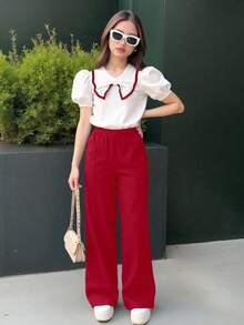 SHEIN Teen Girl Cute Puff Sleeve Top And Pants Casual Outfit - Burgundy - View 1
