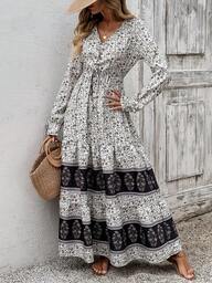 Breezaya Maxi-jurk met bloemenprint, knoop aan de voorkant, volantmouwen en ruches aan de zoom voor nieuwjaarskleding