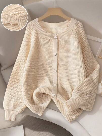 Elenzga Cárdigan de punto casual y versátil con botones delanteros, cuello redondo, mangas farol y hombros caídos, en unicolor, talla grande