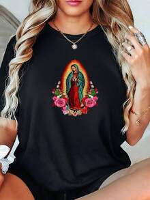CMISETA DE MUJER CON DISEÑO GRAFICO DE VIRGEN COOL, PARA ESTAR A LA MODA, PLAYERA JUVENIL, COMODA, FRESCA - Negro - Ver 2