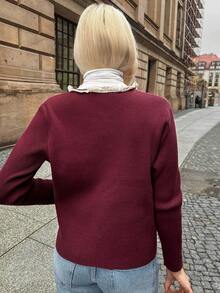 Vivie Lora Women's Loose Fit Collared Color Block Ruffle Trim Casual Cardigan Sweater - Burgundy - View 3