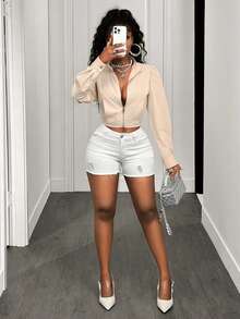 BamGleam Winter New Casual Retro Stand Collar Puff Sleeve Metal Zipper Short Fitted Long Sleeve Jacket - Khaki - View 6