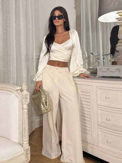 Ronhire Elegant Ladies' Solid Color Lantern Sleeve Wrap Shirt With Ties, Spring/Summer