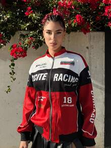 Bearsaez Letter Pattern Contrast Color Drop Shoulder Bomber Jacket For New Year Clothes Fall Winter Cloth For Women - Red - View 4