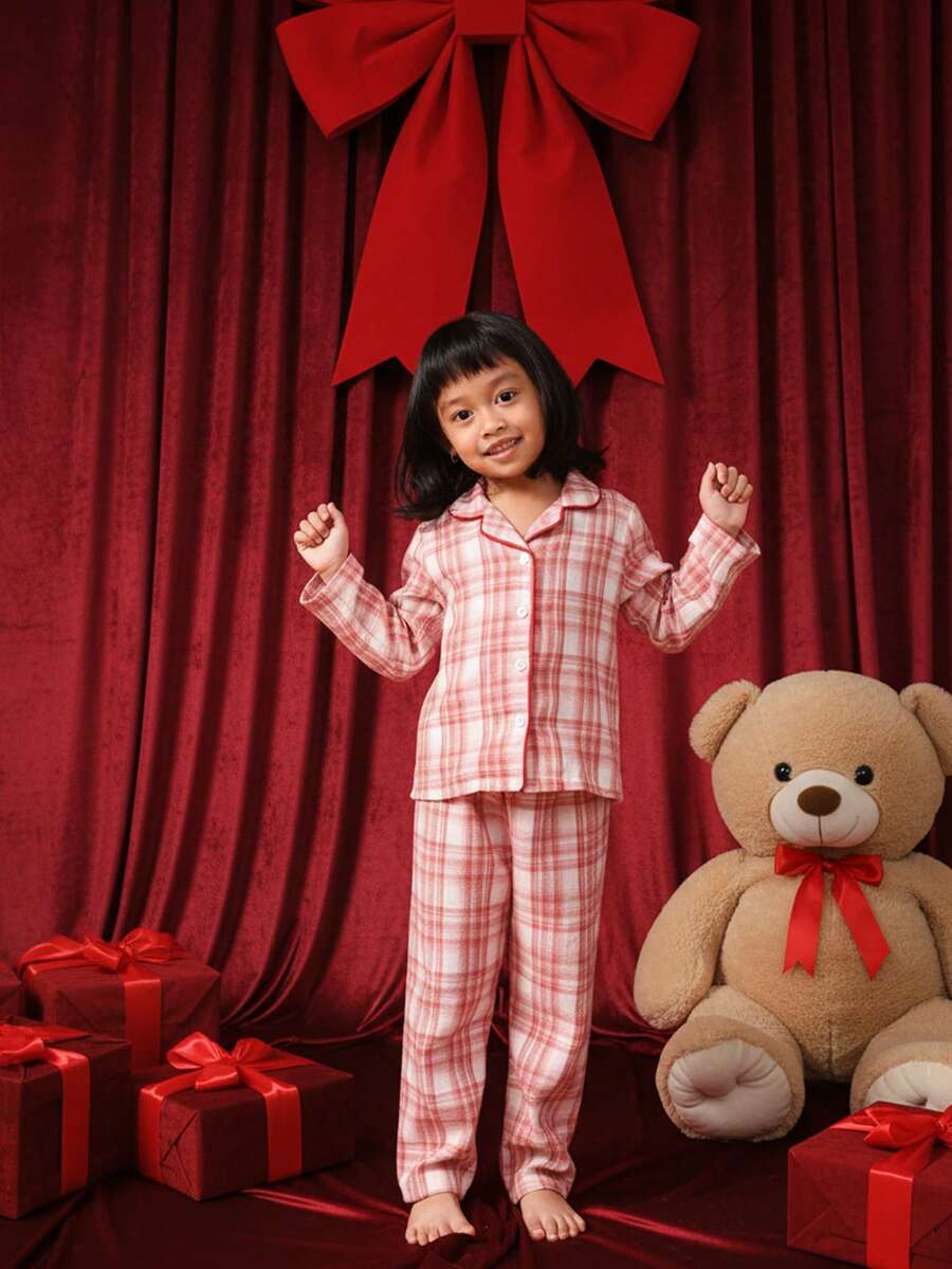 SUMWON Ensemble de pyjama à manches longues à carreaux pour filles, haut boutonnant avec pantalon assorti - Rouge - Voir 1