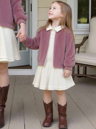 PrepCrw 两件套少女优雅都市校服风格套装，包括一件白色珍珠边饰粉色圆领长袖开衫和一件白色无袖翻领polo衫，适合返校、休闲外出、聚会、假期、秋冬季和圣诞节穿着。