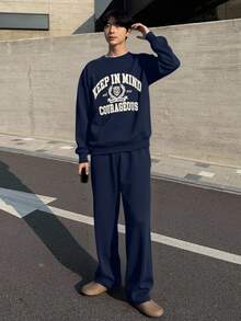 DAZY Men's Letter Print Thermal Lined Crew Neck Sweatshirt Set, Navy Blue, Autumn/Winter