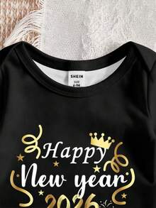 Set de 2 piezas Pelele con gráfico de Feliz Año Nuevo 2026 y gorro con ribete blanco para bebé/niño pequeño unisex, 3M-3T - Negro - Ver 6